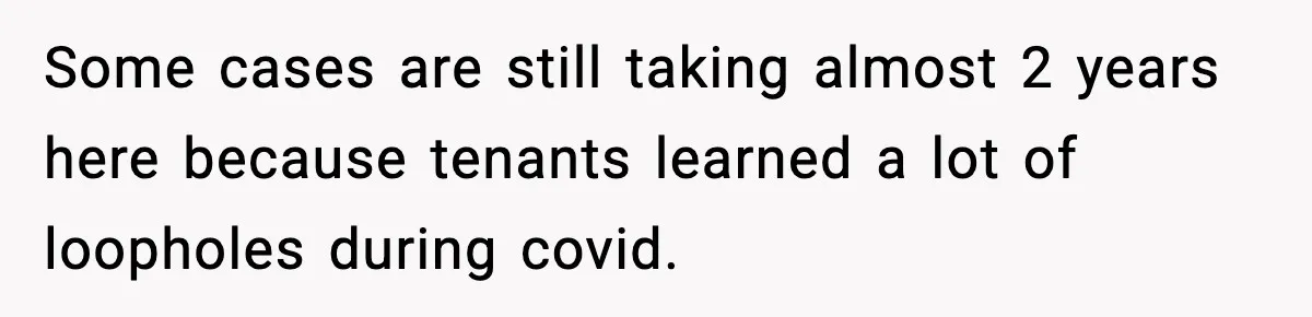 Some cases are still taking almost 2 years here because tenants learned a lot of loopholes during covid.