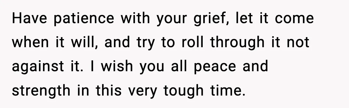 Have patience with your grief, let it come when it will, and try to roll through it not against it. I wish you all peace and strength in this very...