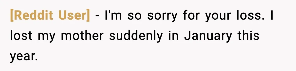 [Reddit User] − I'm so sorry for your loss. I lost my mother suddenly in January this year.