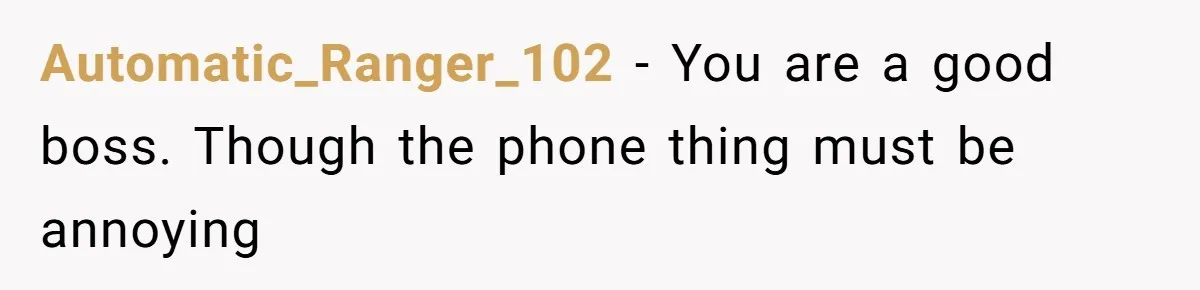 Automatic_Ranger_102 − You are a good boss. Though the phone thing must be annoying