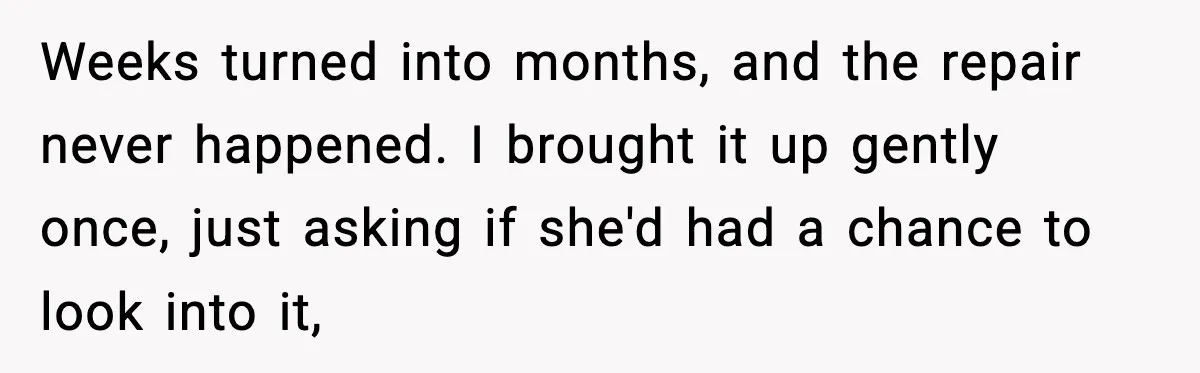 Weeks turned into months, and the repair never happened. I brought it up gently once, just asking if she'd had a chance to look into it,
