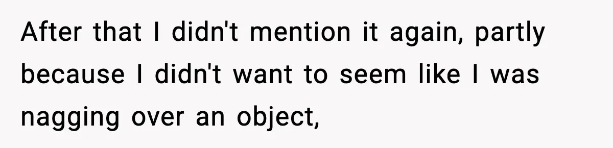 After that I didn't mention it again, partly because I didn't want to seem like I was nagging over an object,