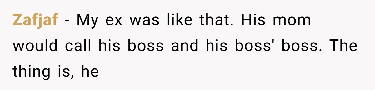 Zafjaf − My ex was like that. His mom would call his boss and his boss' boss. The thing is, he