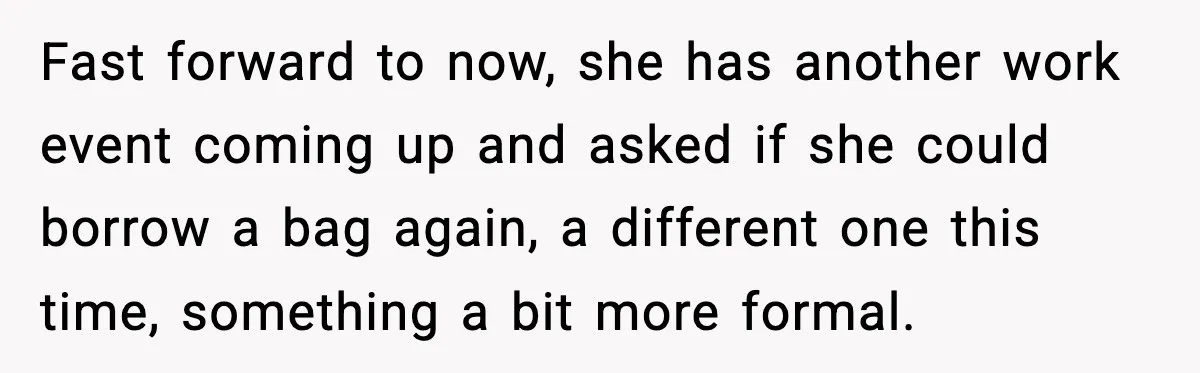 Fast forward to now, she has another work event coming up and asked if she could borrow a bag again, a different one this time, something a bit more formal.