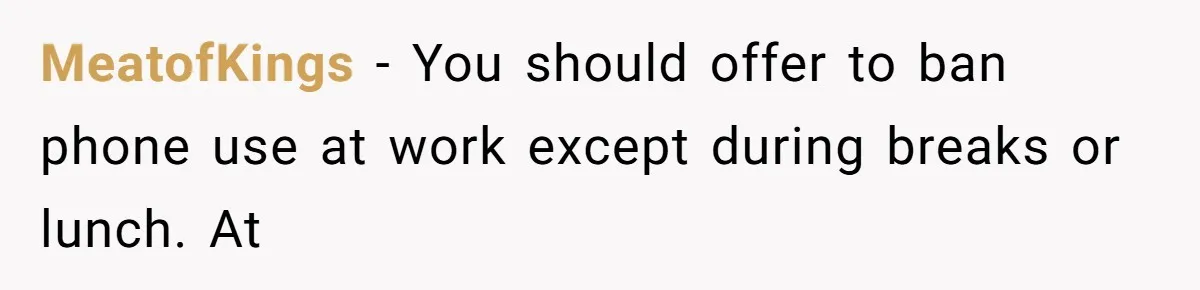 MeatofKings − You should offer to ban phone use at work except during breaks or lunch. At