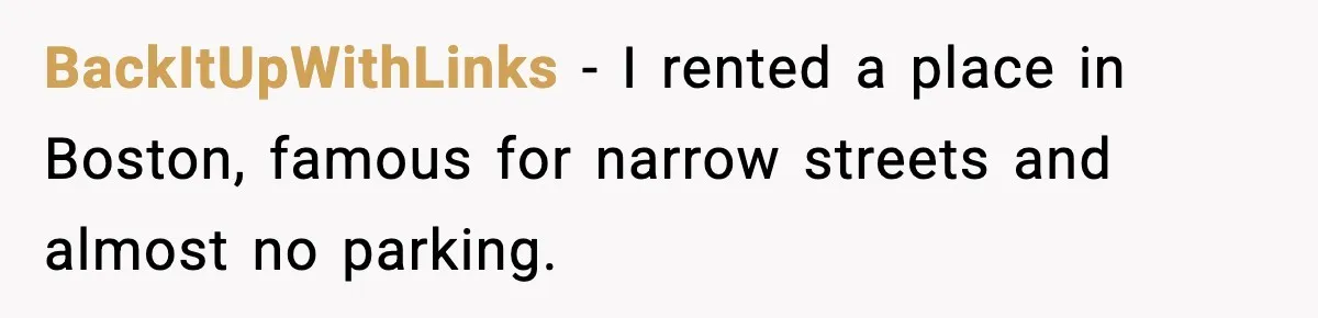 BackItUpWithLinks − I rented a place in Boston, famous for narrow streets and almost no parking.
