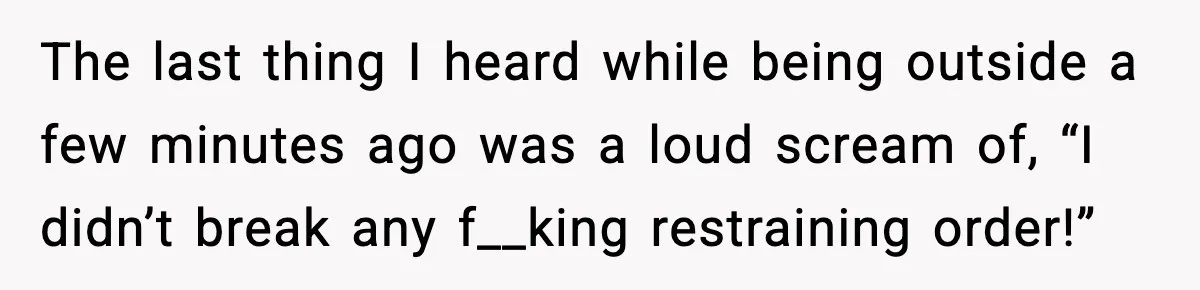 The last thing I heard while being outside a few minutes ago was a loud scream of, “I didn’t break any f__king restraining order!”