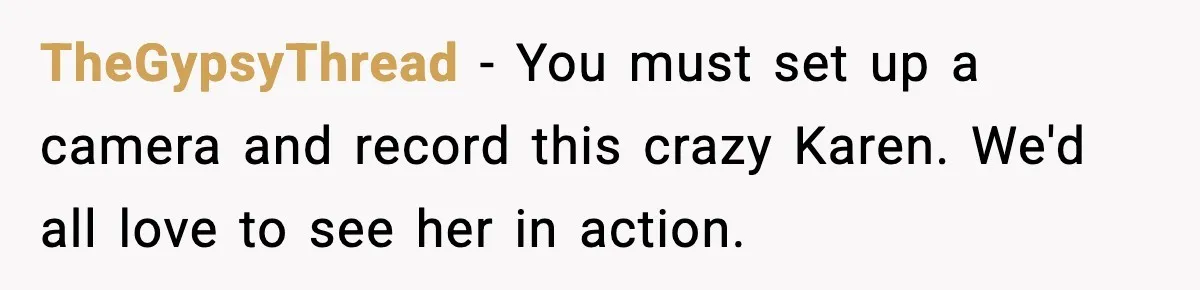 TheGypsyThread − You must set up a camera and record this crazy Karen. We'd all love to see her in action.