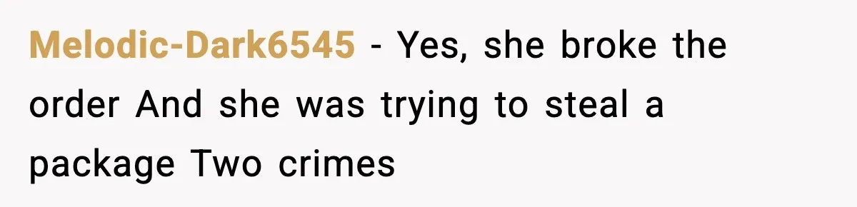 Melodic-Dark6545 − Yes, she broke the order And she was trying to steal a package Two crimes