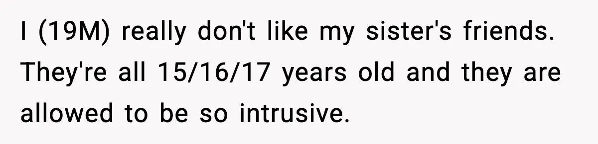 I (19M) really don't like my sister's friends. They're all 15/16/17 years old and they are allowed to be so intrusive.