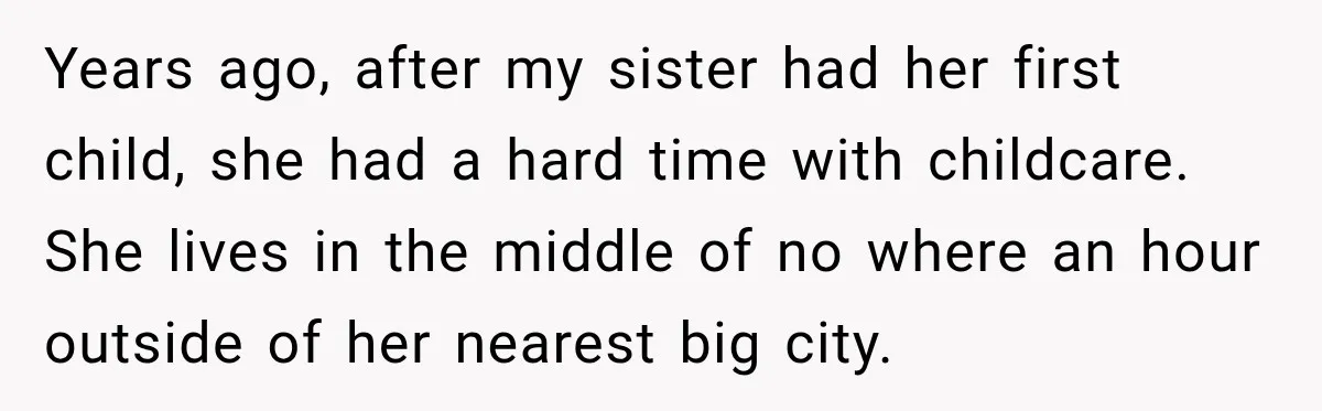 Years ago, after my sister had her first child, she had a hard time with childcare. She lives in the middle of no where an hour outside of her nearest...
