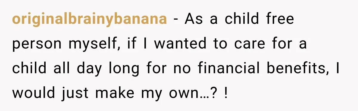 originalbrainybanana − As a child free person myself, if I wanted to care for a child all day long for no financial benefits, I would just make my own…? !