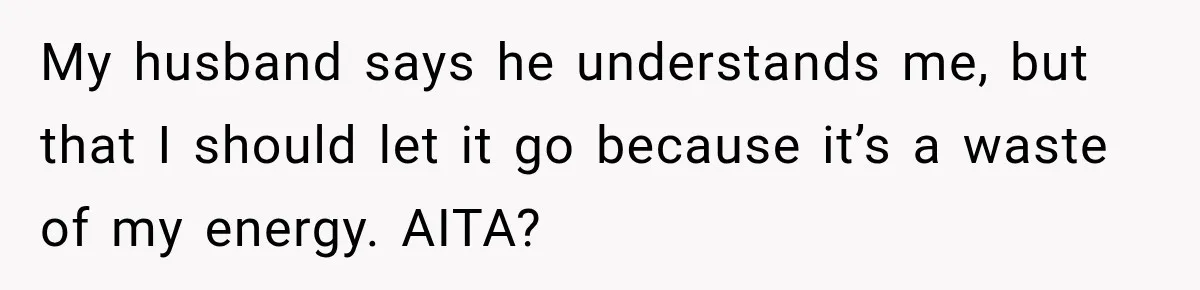 My husband says he understands me, but that I should let it go because it’s a waste of my energy. AITA?