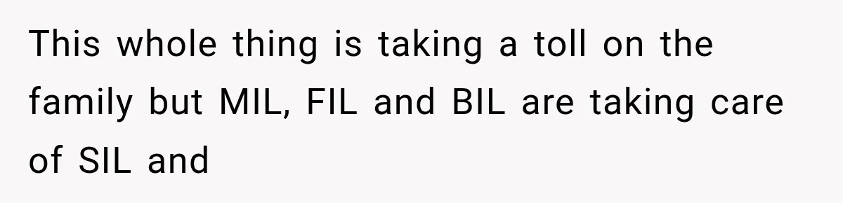 This whole thing is taking a toll on the family but MIL, FIL and BIL are taking care of SIL and