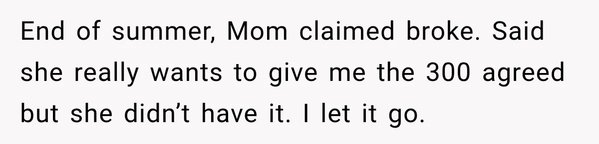 Aunt Refuses Free Summer Babysitting After Mom Assumes She’ll Pay For Everything Again End of summer, Mom claimed broke. Said she really wants to give me the 300 agreed but she didn’t have it. I let it go.