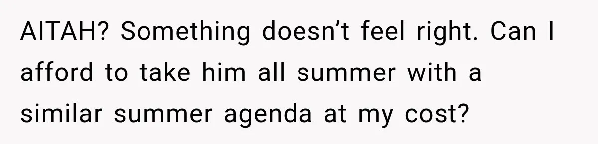 Aunt Refuses Free Summer Babysitting After Mom Assumes She’ll Pay For Everything Again AITAH? Something doesn’t feel right. Can I afford to take him all summer with a similar summer agenda at my cost?
