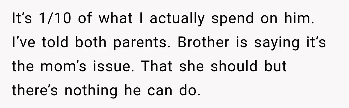 Aunt Refuses Free Summer Babysitting After Mom Assumes She’ll Pay For Everything Again It’s 1/10 of what I actually spend on him. I’ve told both parents. Brother is saying it’s the mom’s issue. That she should but there’s nothing he can do.