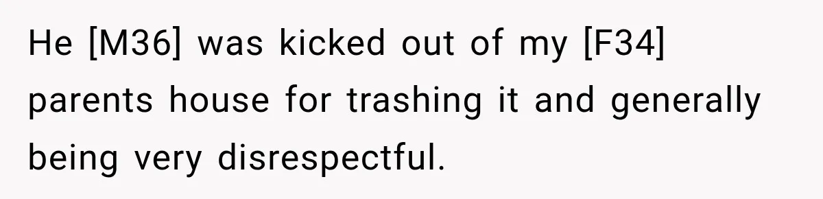 He [M36] was kicked out of my [F34] parents house for trashing it and generally being very disrespectful.