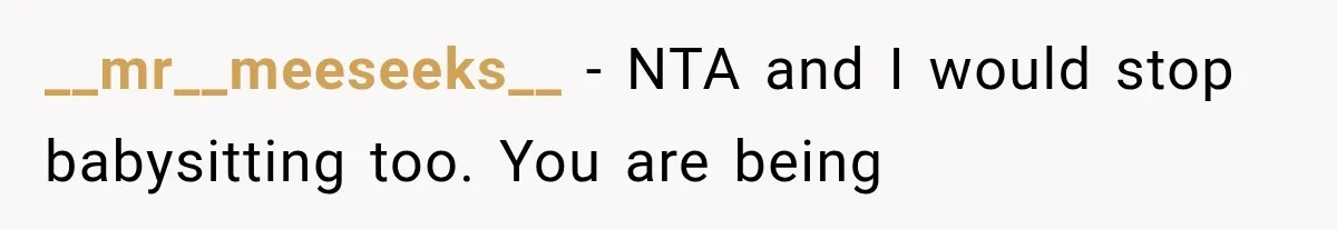 __mr__meeseeks__ − NTA and I would stop babysitting too. You are being