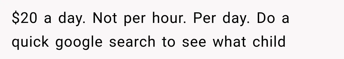 $20 a day. Not per hour. Per day. Do a quick google search to see what child