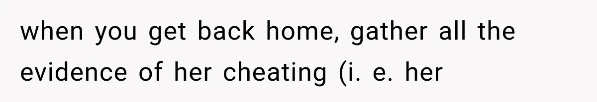when you get back home, gather all the evidence of her cheating (i. e. her
