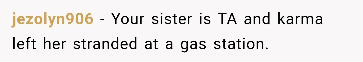 Sister Gets A Free Ride To The Beach, Then Her Entitlement Ends The Entire Trip jezolyn906 − Your sister is TA and karma left her stranded at a gas station.