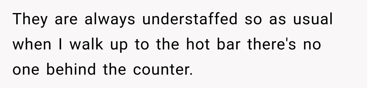 They are always understaffed so as usual when I walk up to the hot bar there's no one behind the counter.