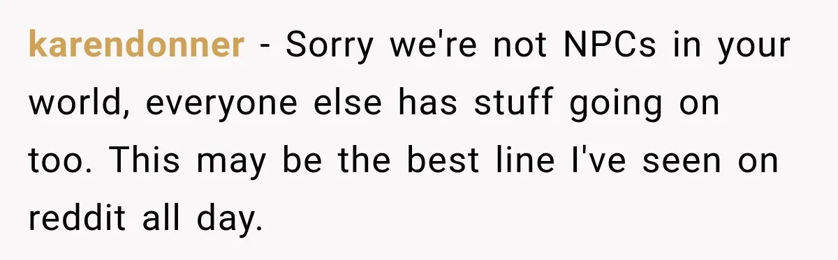 karendonner − Sorry we're not NPCs in your world, everyone else has stuff going on too. This may be the best line I've seen on reddit all day.