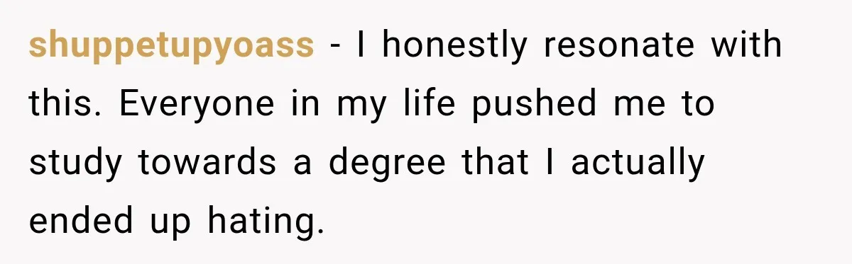 shuppetupyoass − I honestly resonate with this. Everyone in my life pushed me to study towards a degree that I actually ended up hating.