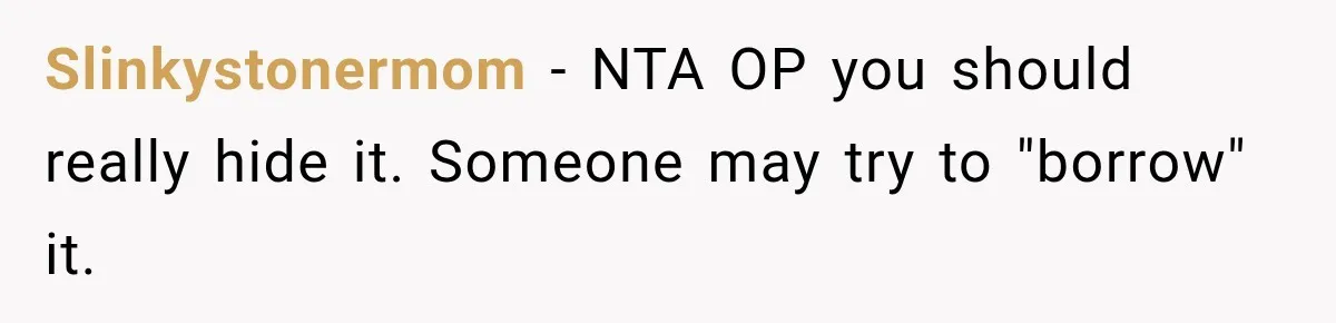 Slinkystonermom − NTA OP you should really hide it. Someone may try to "borrow" it.