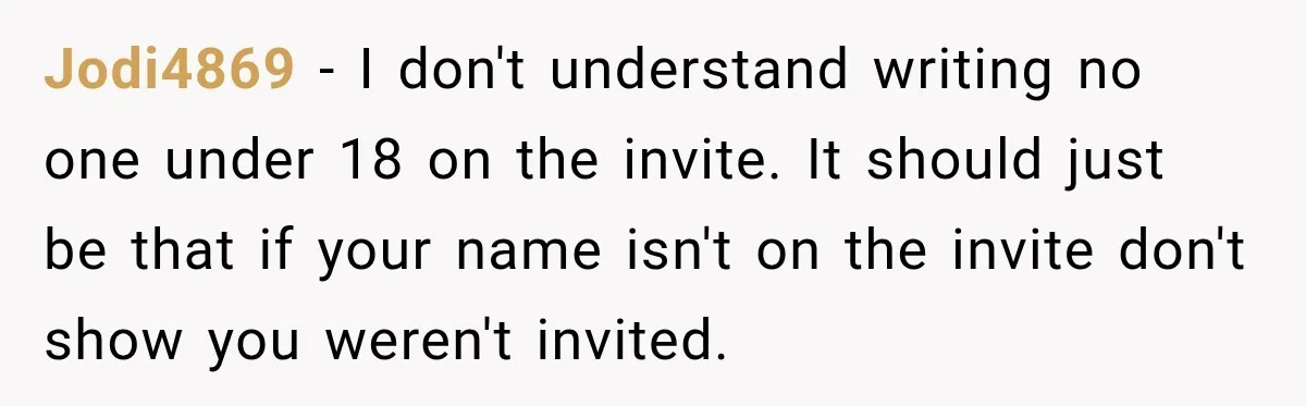 Jodi4869 − I don't understand writing no one under 18 on the invite. It should just be that if your name isn't on the invite don't show you weren't invited.