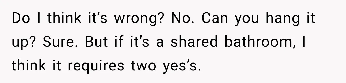 Do I think it’s wrong? No. Can you hang it up? Sure. But if it’s a shared bathroom, I think it requires two yes’s.