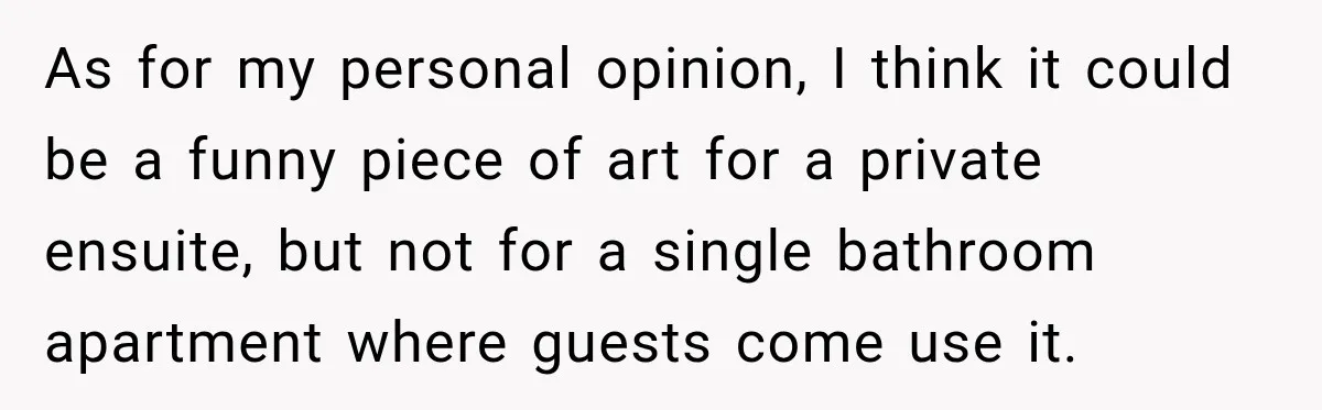 As for my personal opinion, I think it could be a funny piece of art for a private ensuite, but not for a single bathroom apartment where guests come use...