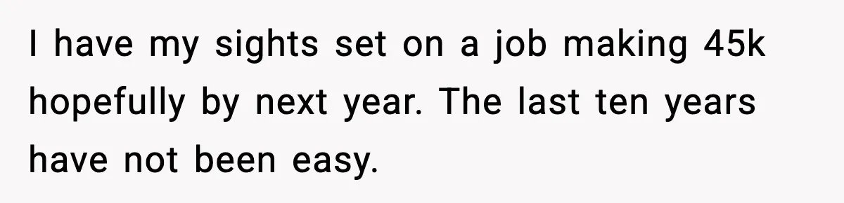 I have my sights set on a job making 45k hopefully by next year. The last ten years have not been easy.