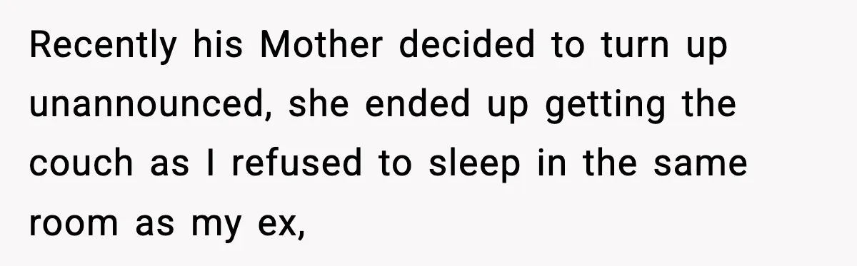 Recently his Mother decided to turn up unannounced, she ended up getting the couch as I refused to sleep in the same room as my ex,
