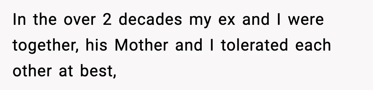 In the over 2 decades my ex and I were together, his Mother and I tolerated each other at best,