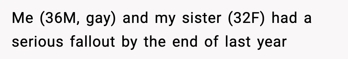 Me (36M, gay) and my sister (32F) had a serious fallout by the end of last year