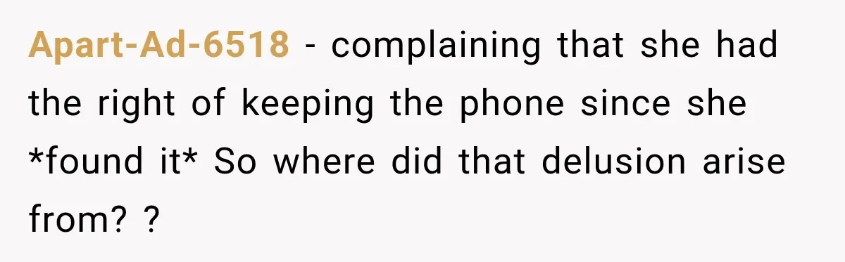 Apart-Ad-6518 − complaining that she had the right of keeping the phone since she *found it* So where did that delusion arise from? ?
