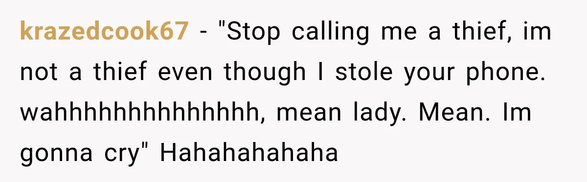 krazedcook67 − "Stop calling me a thief, im not a thief even though I stole your phone. wahhhhhhhhhhhhhh, mean lady. Mean. Im gonna cry" Hahahahahaha
