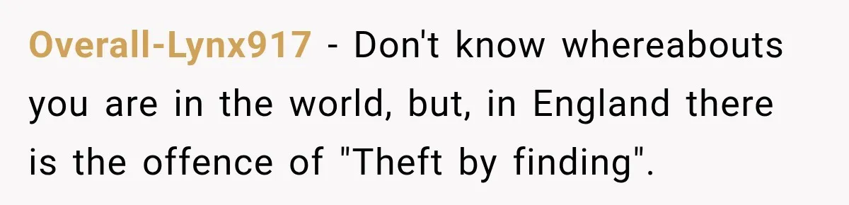 Overall-Lynx917 − Don't know whereabouts you are in the world, but, in England there is the offence of "Theft by finding".