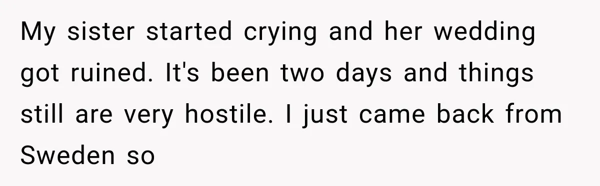 My sister started crying and her wedding got ruined. It's been two days and things still are very hostile. I just came back from Sweden so