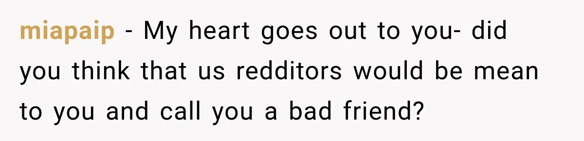 miapaip − My heart goes out to you- did you think that us redditors would be mean to you and call you a bad friend?