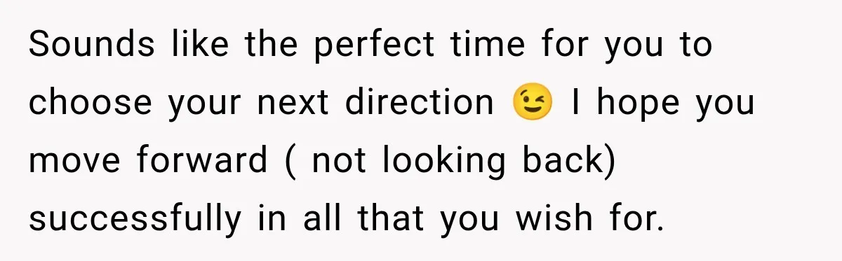 Sounds like the perfect time for you to choose your next direction 😉 I hope you move forward ( not looking back) successfully in all that you wish for.