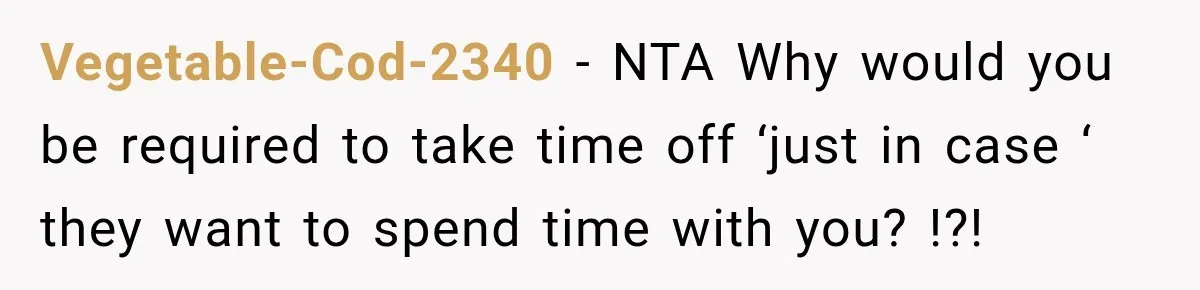 Vegetable-Cod-2340 − NTA Why would you be required to take time off ‘just in case ‘ they want to spend time with you? !?!