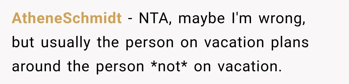 AtheneSchmidt − NTA, maybe I'm wrong, but usually the person on vacation plans around the person *not* on vacation.
