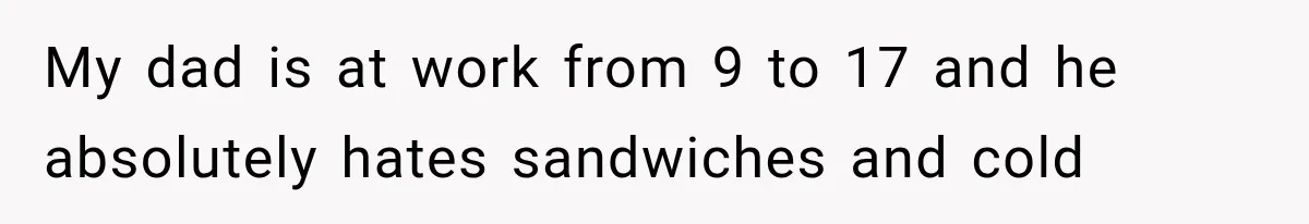 My dad is at work from 9 to 17 and he absolutely hates sandwiches and cold