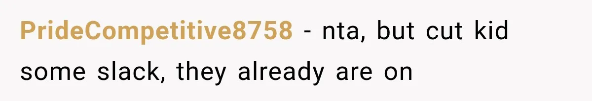 PrideCompetitive8758 − nta, but cut kid some slack, they already are on