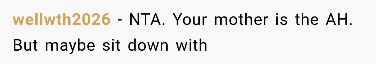 wellwth2026 − NTA. Your mother is the AH. But maybe sit down with