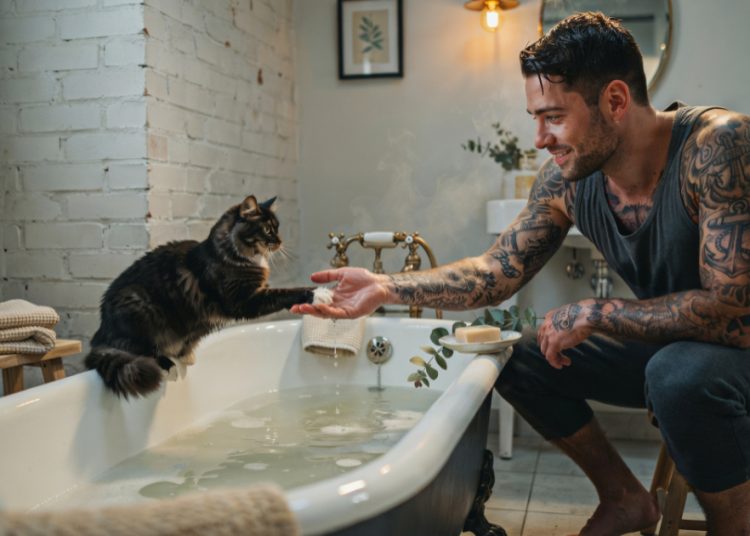 Tough Firefighter Has The Sweetest Conversation With A Cat During Bath Time