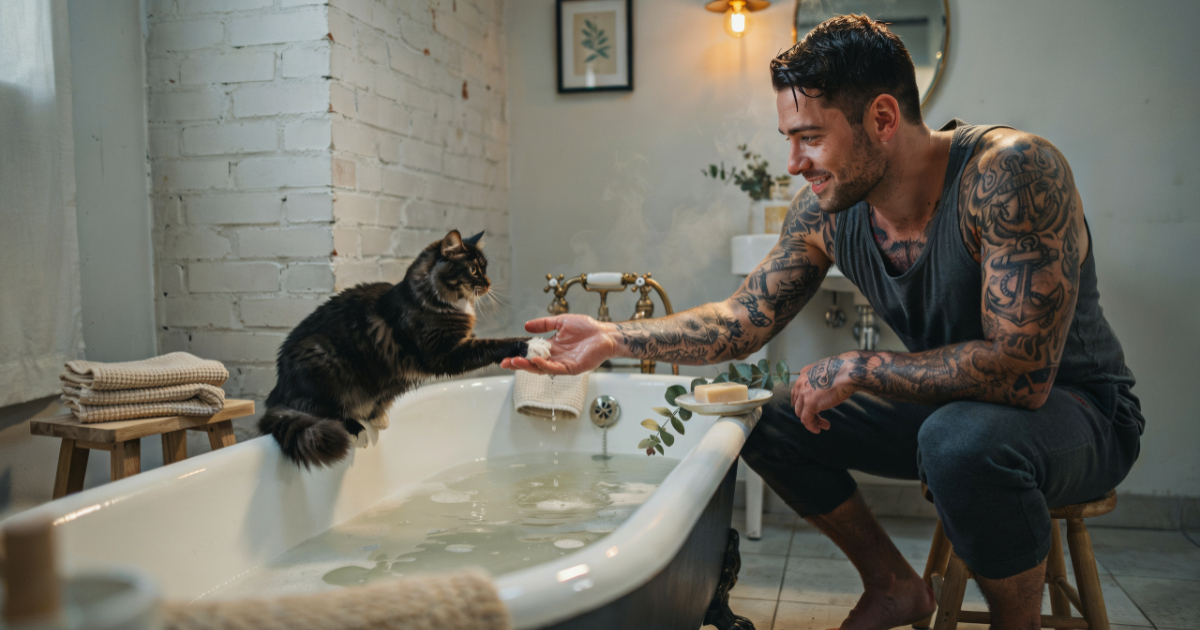 Tough Firefighter Has The Sweetest Conversation With A Cat During Bath Time Tough Firefighter Has The Sweetest Conversation With A Cat During Bath Time